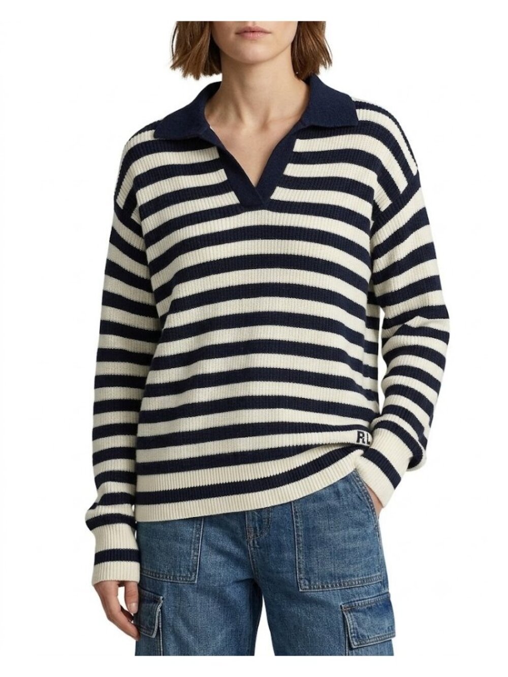NWT Ralph Lauren Collection Striped Cashmere Polo Sweater in Icon Navy Cream XL